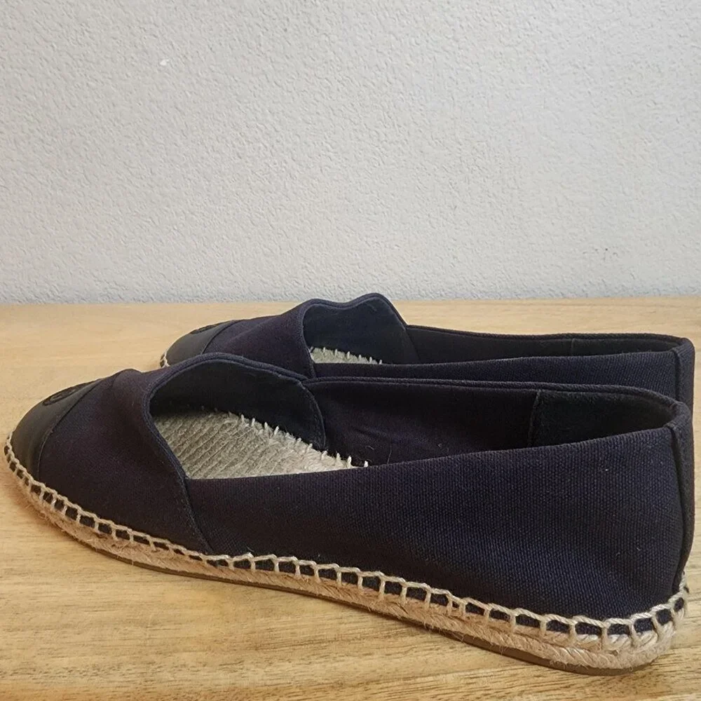 Tory Burch Shoes Womens Size 8 Navy Black Espadrille Flats Leather Cap Toe Logo